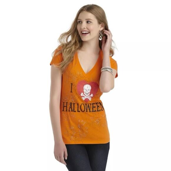 Unknown Tops - Junior Women’s I Love Halloween Skull Spider V-Neck T-Shirt XL Orange Black